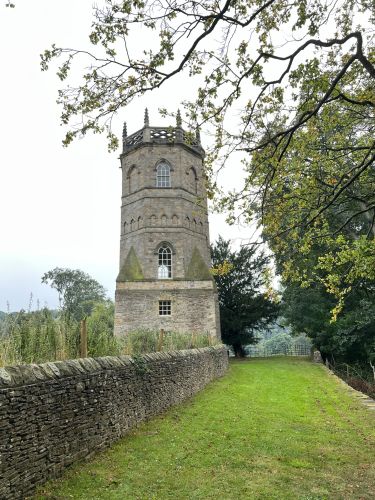 stone tower surrounded by trees with grass in foreground