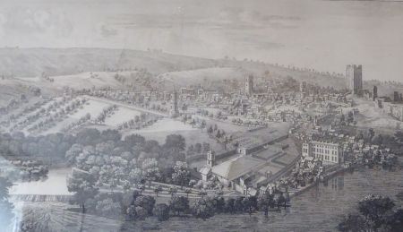 Engraving of birds eye view of the town of Richmond showing buildings, castle and church towers and surrounding fields