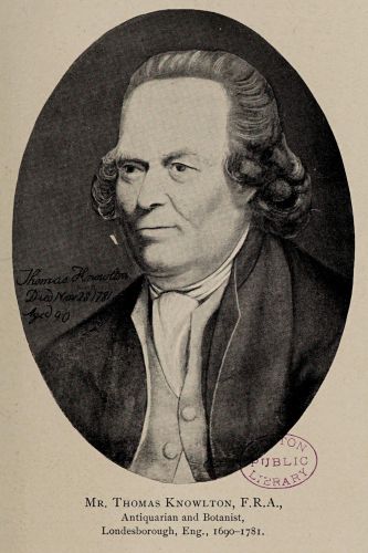 A black and white engraving of Thomas Knowlton in an oval frame.