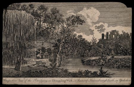 The Dropping Well, Knaresborough, Yorkshire, with the ruins of Knaresborough Castle. Line engraving after T. Smith of Derby.. Credit: Wellcome Collection. Public Domain Mark