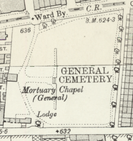 Lister Road cemetery from OS 25" revised edition (1905), published 1907. National Library of Scotland CC-BY-NC-SA