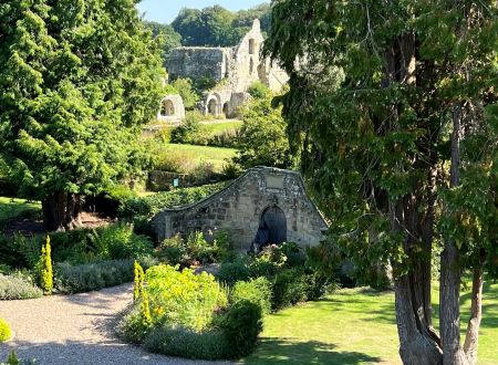 Jervaulx Hall gardens with Abbey in background