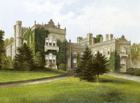 19th-century gardens close to the house from Picturesque Views of Seats, 1878 Close up view of country house with trees and lawn in foreground