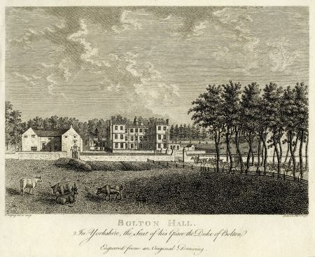 Bolton Hall engraving 1775 Engraving of country house with outbuildings and trees and lawn in foreground