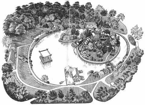 Drawing of Peasholm Park, Scarborough showing lake and island