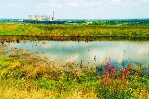 A view from the hilltop looking east towards Eggborough and Drax power stations, 2005, ©Colvin and Moggridge