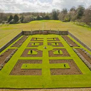 An elevated view over a geometric garden.