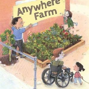 An illustration of a small garden in front of a brick wall with the words 'Anywhere Farm'.
