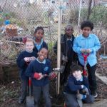 School children pose next to a recently-planted tree.